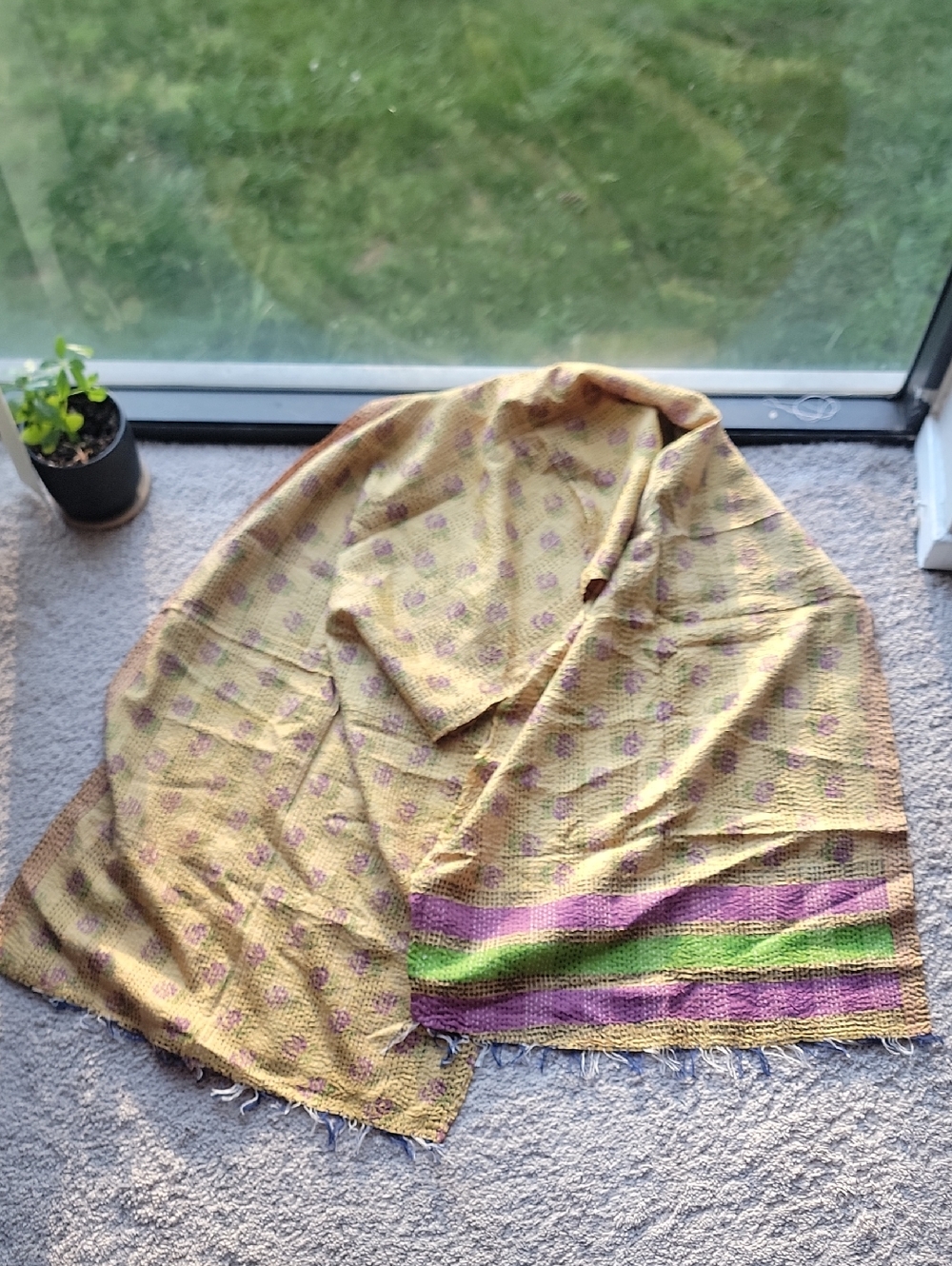 Handwoven Yellow Throw Blanket with Purple & Green Stripes